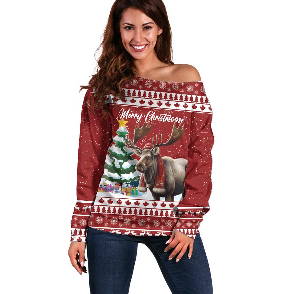 Personalized Canada Christmas Off Shoulder Sweater Merry Christmoose - Wonder Print Shop