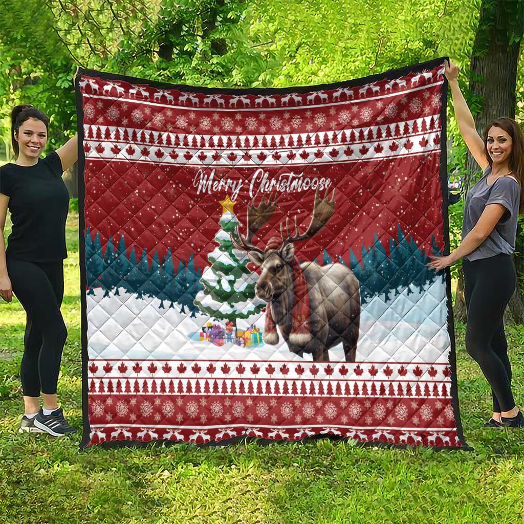 Red Christmas quilt with 'Merry Christmoose' text, moose graphic, hanging display