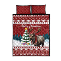 Red Christmas quilt bed set with reindeer and “Merry Christmoose” text, plus two pillows