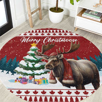 Red round Christmas rug with moose and Merry Christmoose lettering, festive border pattern