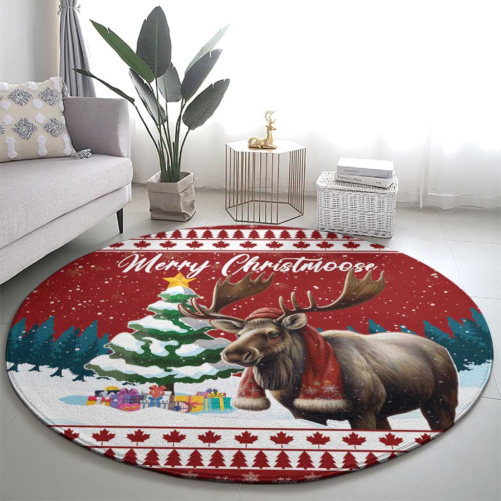 Round Christmas rug with moose artwork, Merry Christmoose script, snowy scene, and trees