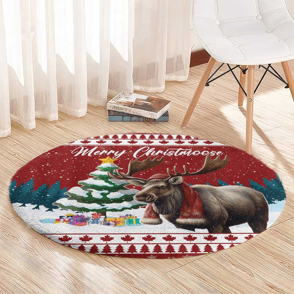 Red round Christmas rug with moose in a scarf, Merry Christmoose script, gifts and tree border