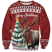 Red Christmas sweatshirt with moose graphic and Merry Christmoose text on front