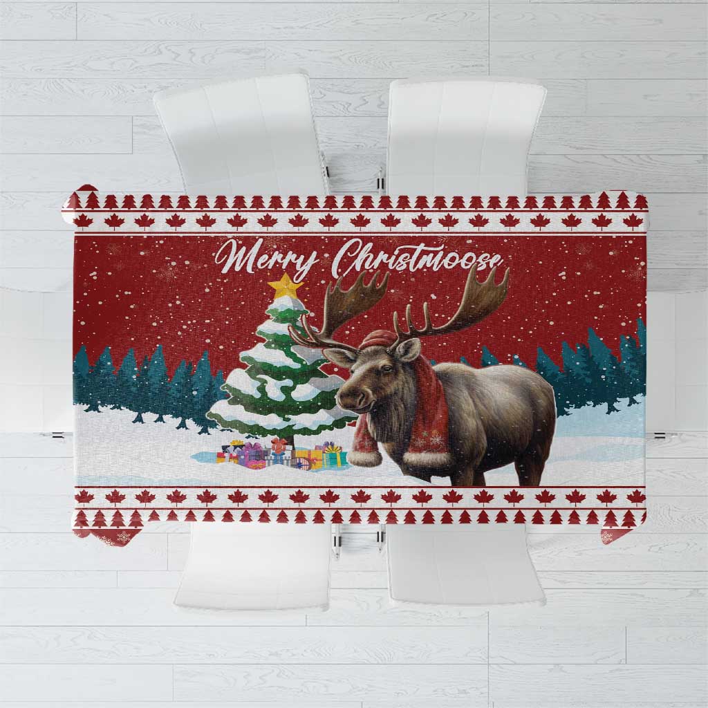 Red Christmas tablecloth with “Merry Christmoose” text and moose centerpiece graphic
