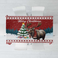 Red Christmas tablecloth with “Merry Christmoose” text and moose centerpiece graphic