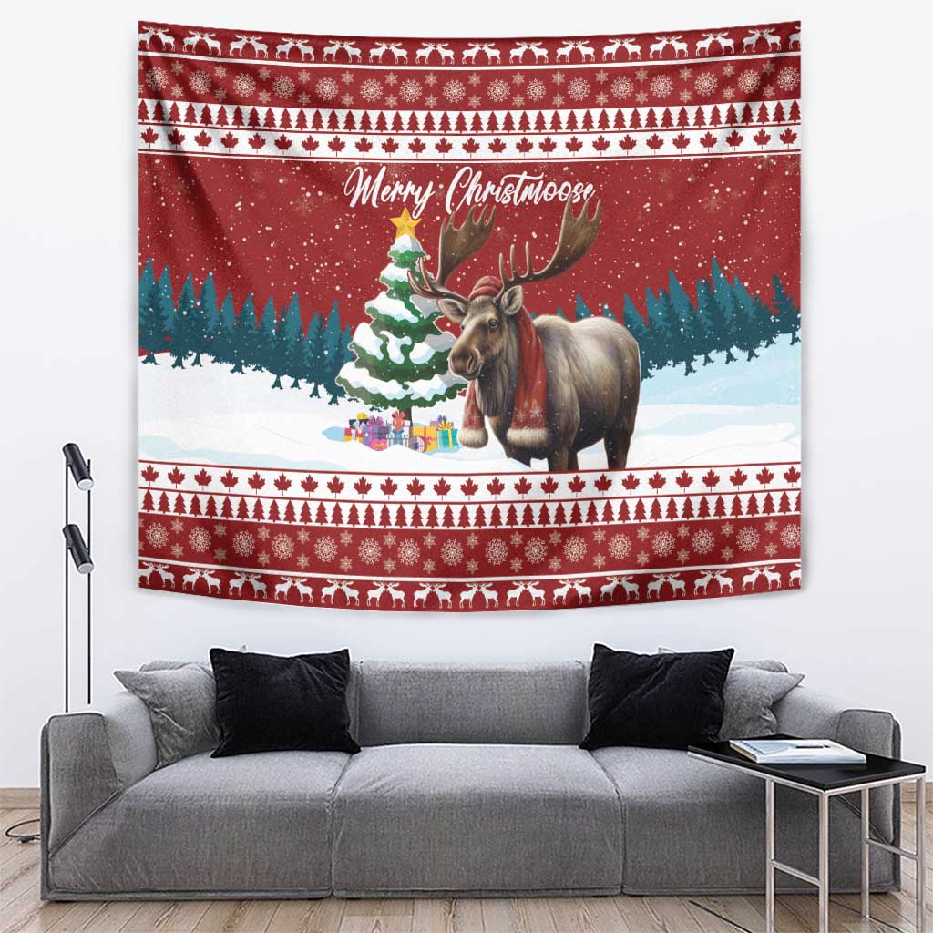Red Christmas tapestry with moose, tree, and “Merry Christmoose” text
