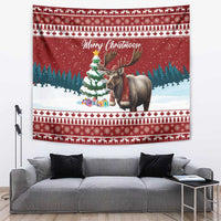 Red Christmas tapestry with moose, tree, and “Merry Christmoose” text