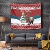 Red Christmas tapestry with moose, snowy forest, Christmas tree, and “Merry Christmoose”