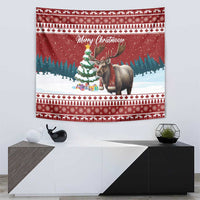 Red Christmas tapestry showing moose with antlers, tree, and “Merry Christmoose”