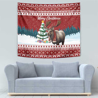 Red Christmas tapestry with moose and Christmas tree; snowy scene with “Merry Christmoose”
