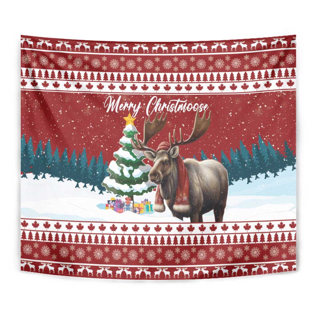 Red Christmas tapestry close-up with moose, green tree, and “Merry Christmoose”