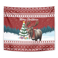 Red Christmas tapestry close-up with moose, green tree, and “Merry Christmoose”