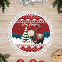 Red round Christmas tree skirt with Merry Christmasmoose deer scene and white fringe border