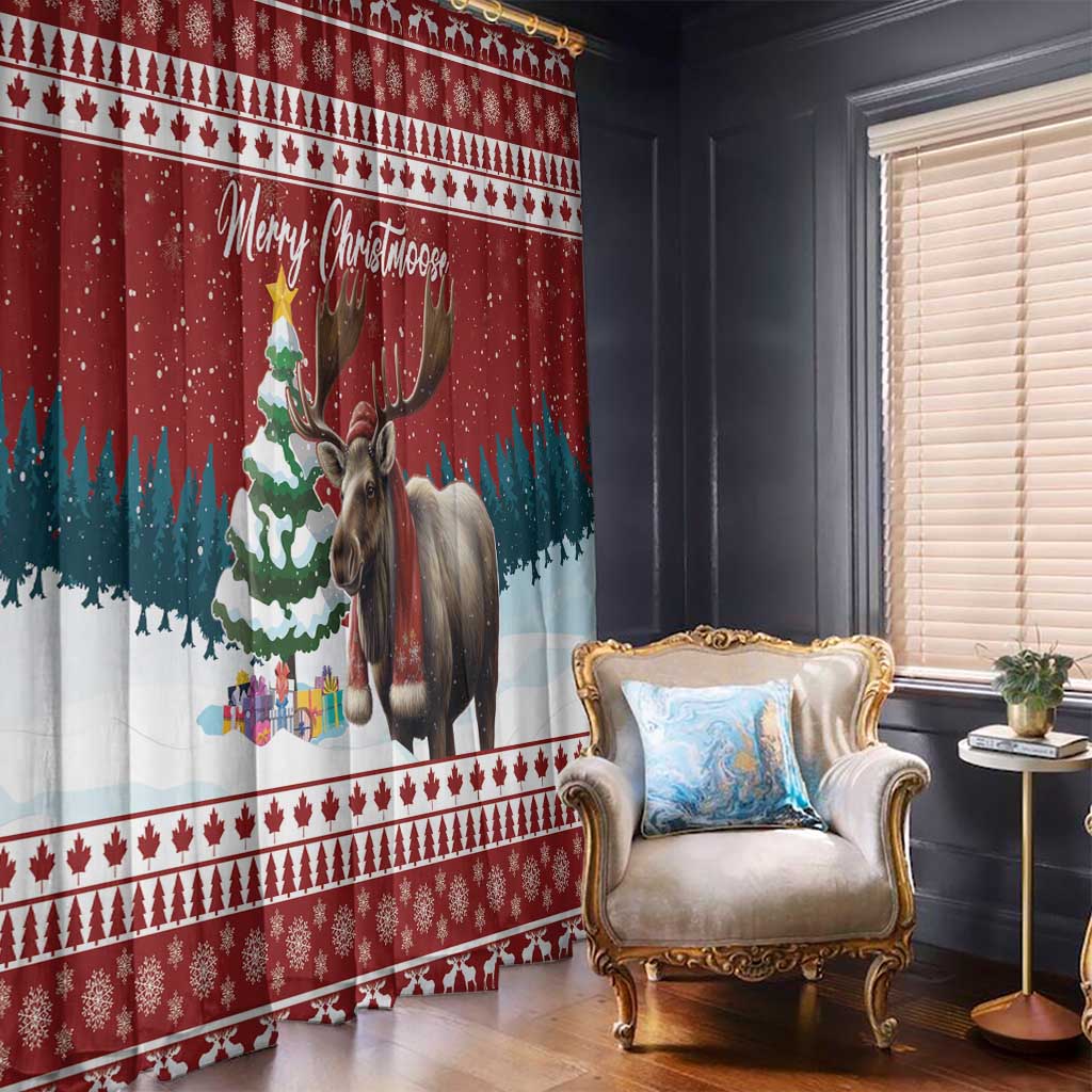 Red Christmas window curtain panel featuring a reindeer, pine trees, and Merry Christmas text