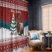 Red Christmas window curtain panel featuring a reindeer, pine trees, and Merry Christmas text