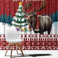Red Christmas window curtain panel with reindeer and snowy trees across the hem