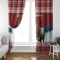 Red Christmas window curtain set of two panels with reindeer, snow, and Merry Christmas print