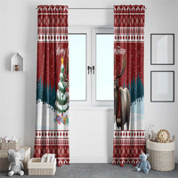 Red Christmas window curtain panels with reindeer artwork, trees, and Merry Christmas wording