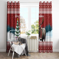 Red Christmas window curtain set with reindeer, snow scene, and Merry Christmas text strip