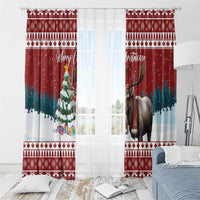Red Christmas window curtain panels with reindeer, snow, and Merry Christmas print at center