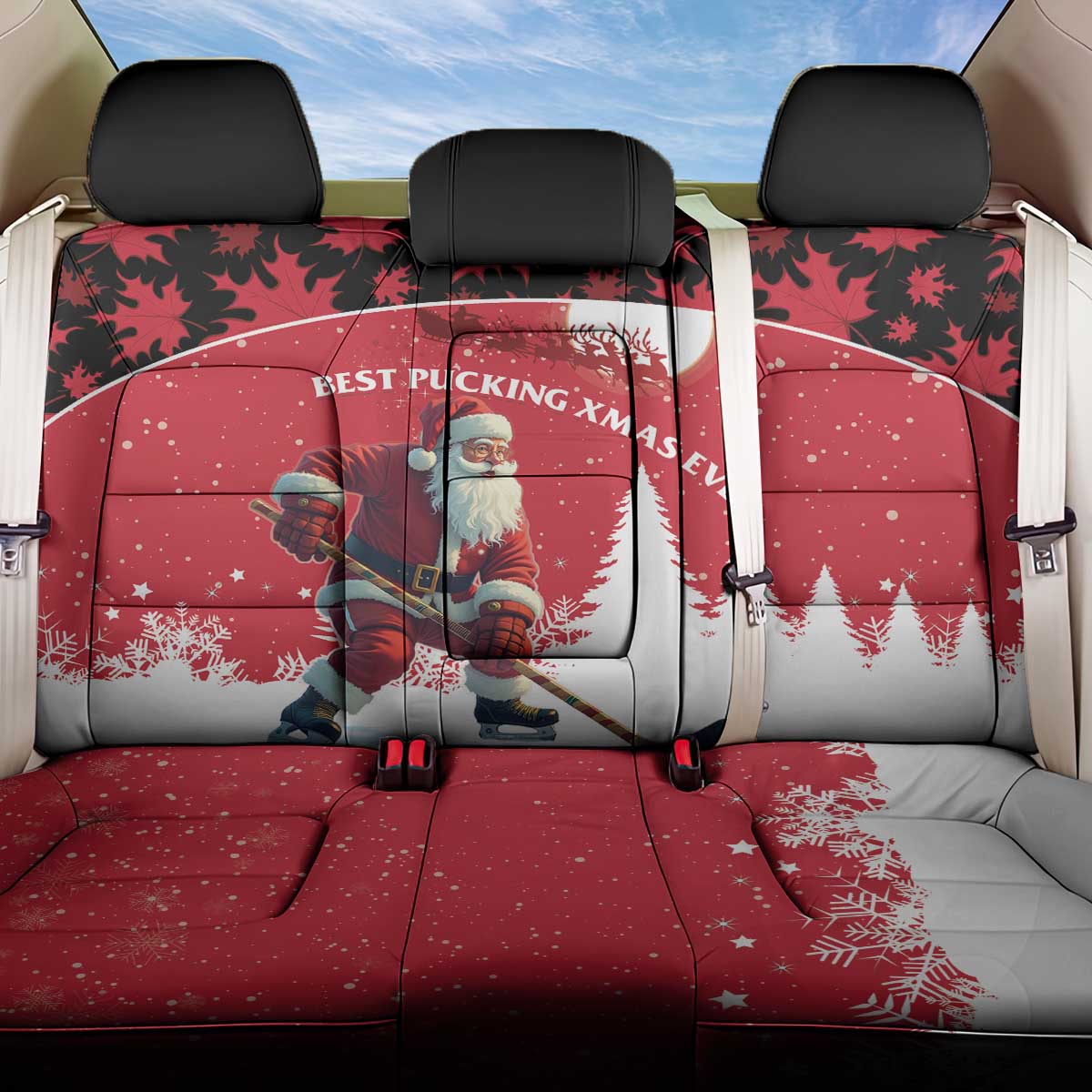 Canada Christmas Back Car Seat Cover Santa Claus Hockey Player - Maple Leaves Pattern