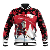 Red baseball jacket with black maple leaf print, ribbed collar; front Santa hockey graphic