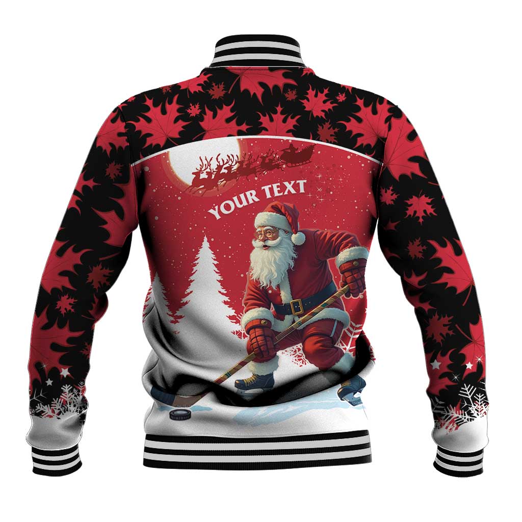 Red baseball jacket with black maple leaf print, ribbed collar; back Santa hockey graphic with your text