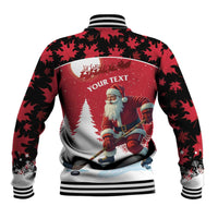 Red baseball jacket with black maple leaf print, ribbed collar; back Santa hockey graphic with your text