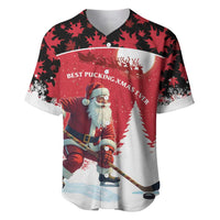 Red Christmas baseball jersey with Santa graphic, maple-leaf pattern and text print