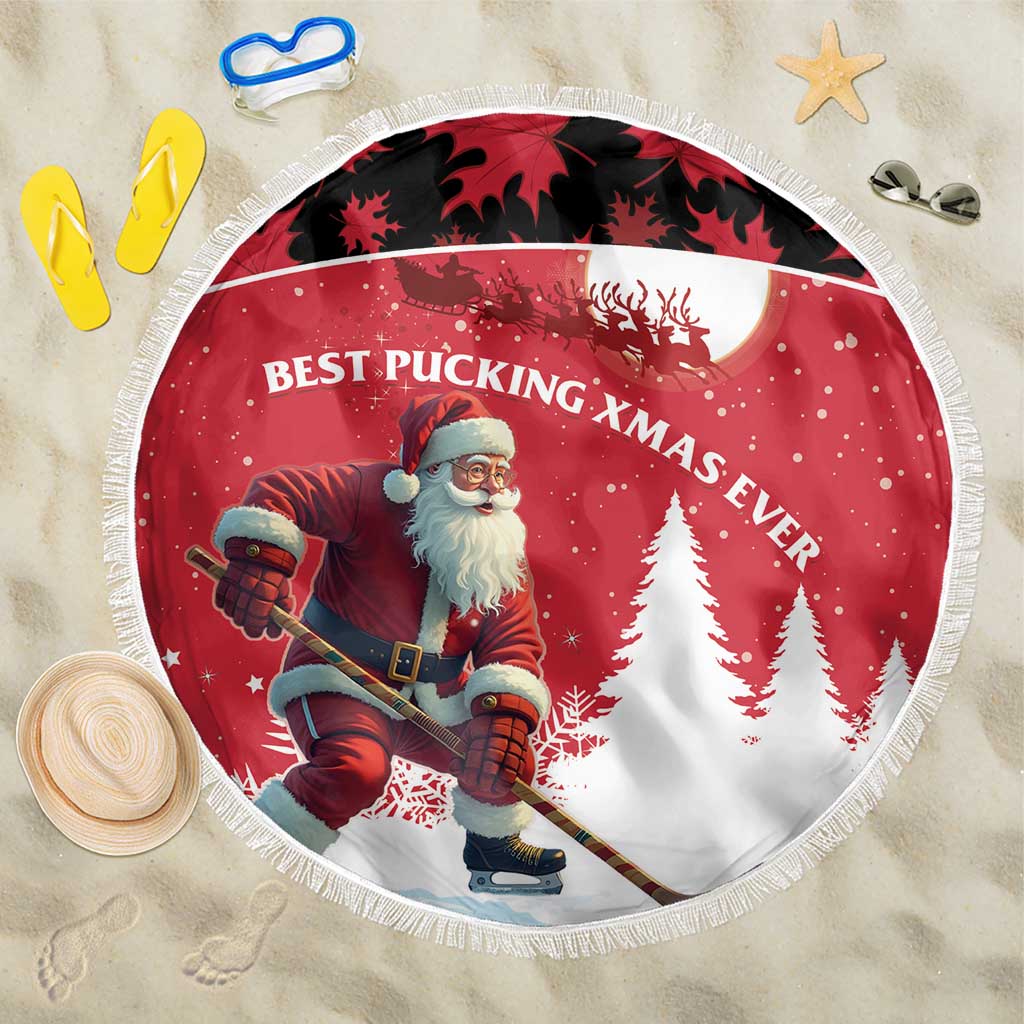 Round Christmas beach blanket with red Santa hockey graphic and white fringe border