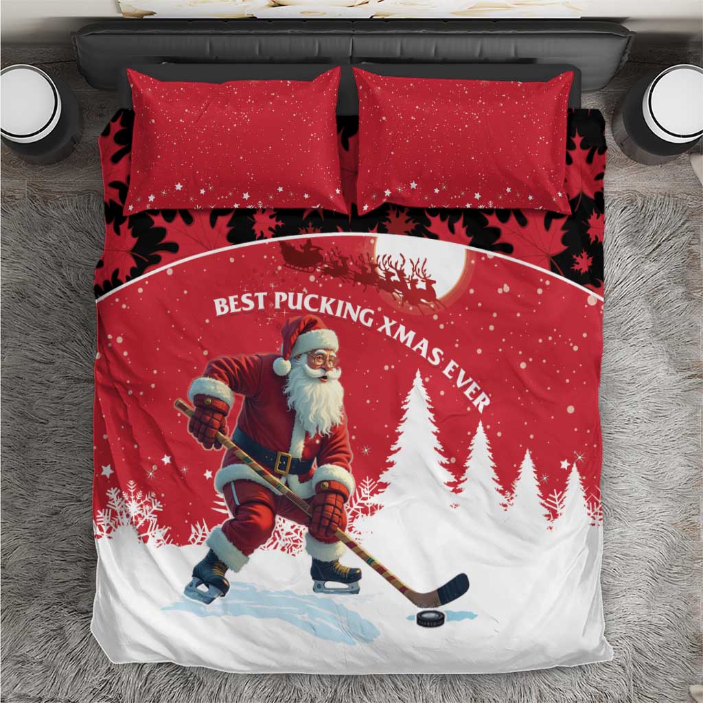 Red Christmas bedding set with Santa hockey player, moon and pine tree pattern, two pillows