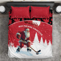 Red Christmas bedding set with Santa hockey player, moon and pine tree pattern, two pillows