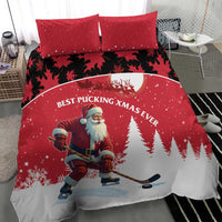 Red Christmas bedding set featuring Santa hockey player on snow, pine trees and crescent moon, two pillows