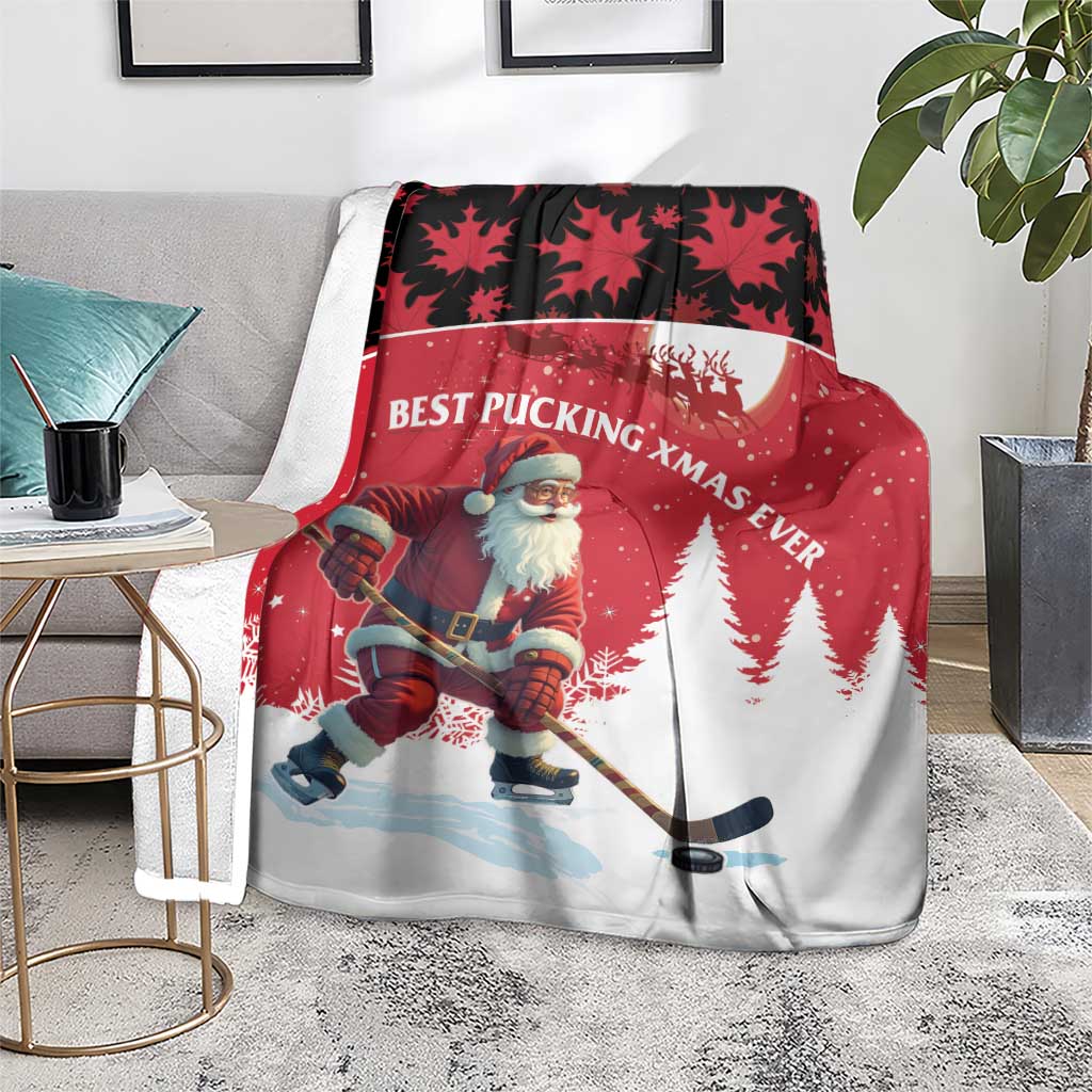 Red Christmas blanket with Santa hockey player design and pine trees