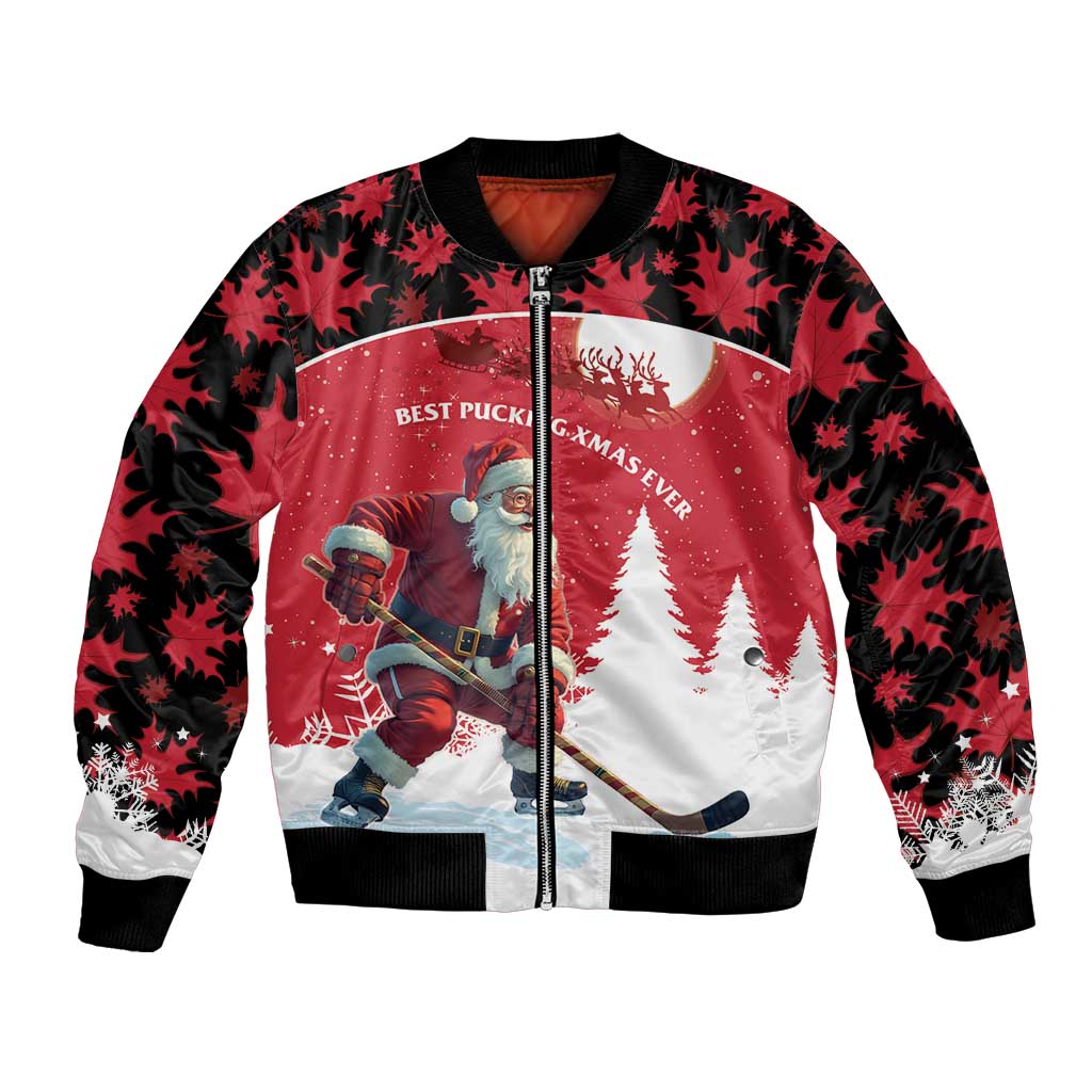 Red and black zip-up bomber jacket with Santa, hockey player, and maple leaf pattern