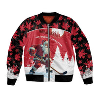 Red and black zip-up bomber jacket with Santa, hockey player, and maple leaf pattern