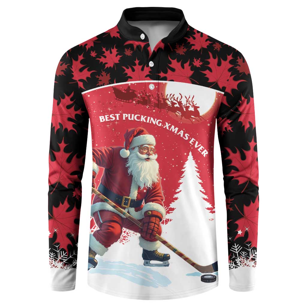 Red and black Christmas button sweatshirt with Santa hockey player front graphic