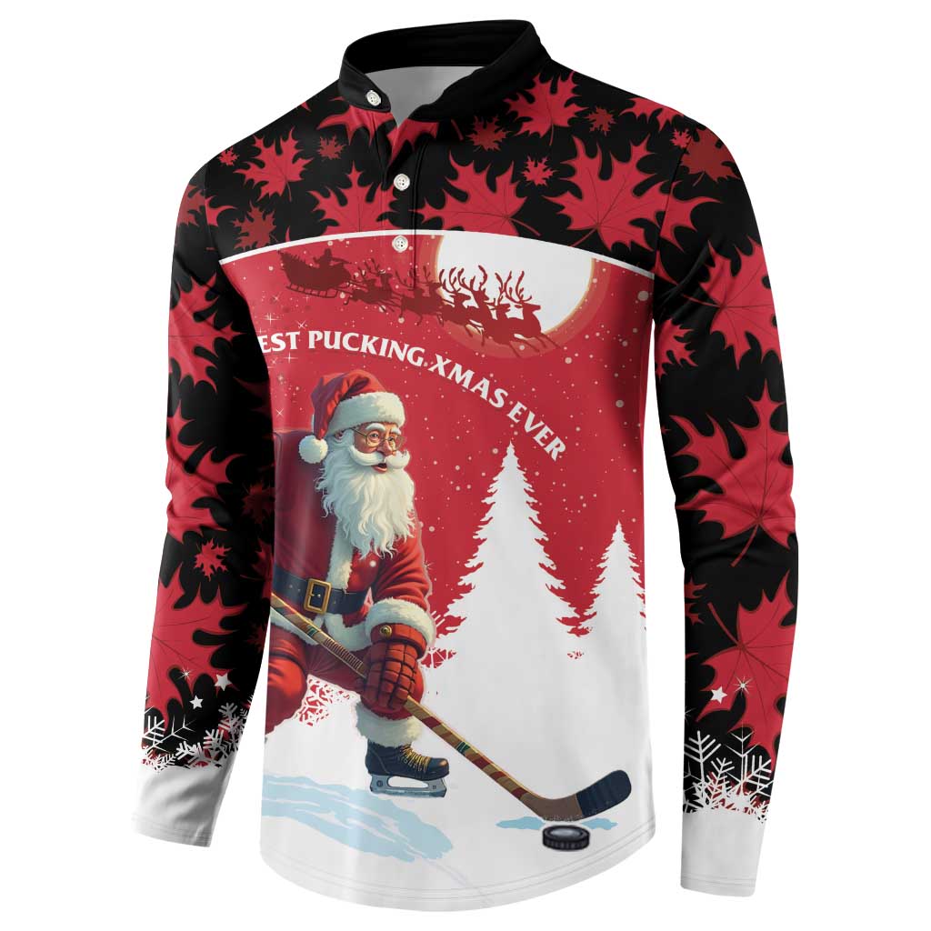 Red and black Christmas button sweatshirt with Santa hockey player front graphic and trees