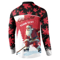 Red and black Christmas button sweatshirt with back panel showing Santa and "YOUR TEXT"