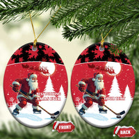 Personalized red Santa hockey ceramic ornament, oval shape with custom text area