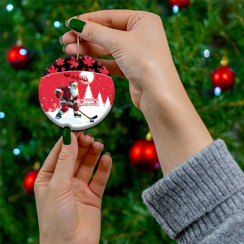 Personalized red Santa hockey ceramic ornament, circle with hanging gold loop