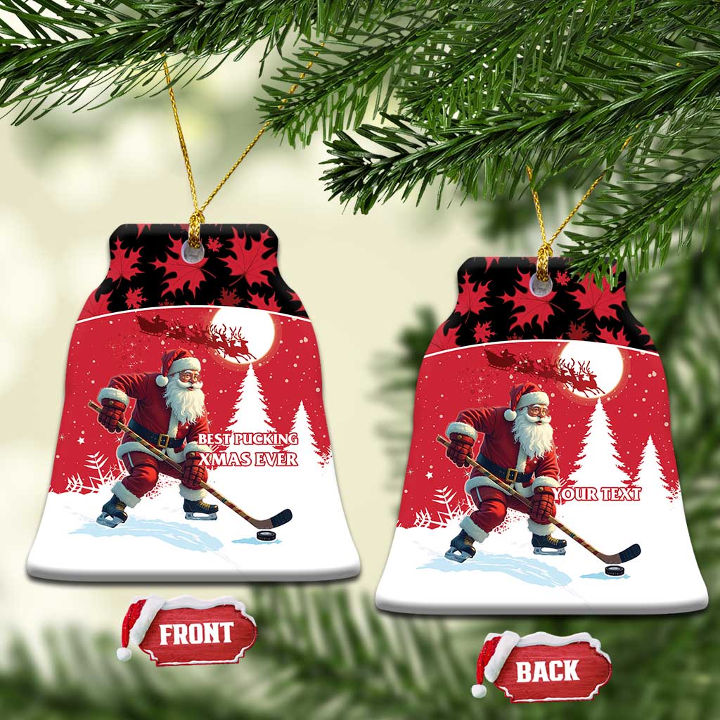 Personalized red Santa hockey ceramic ornament, bell-shaped with front and back tags