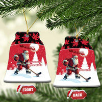 Personalized red Santa hockey ceramic ornament, bell-shaped with front and back tags