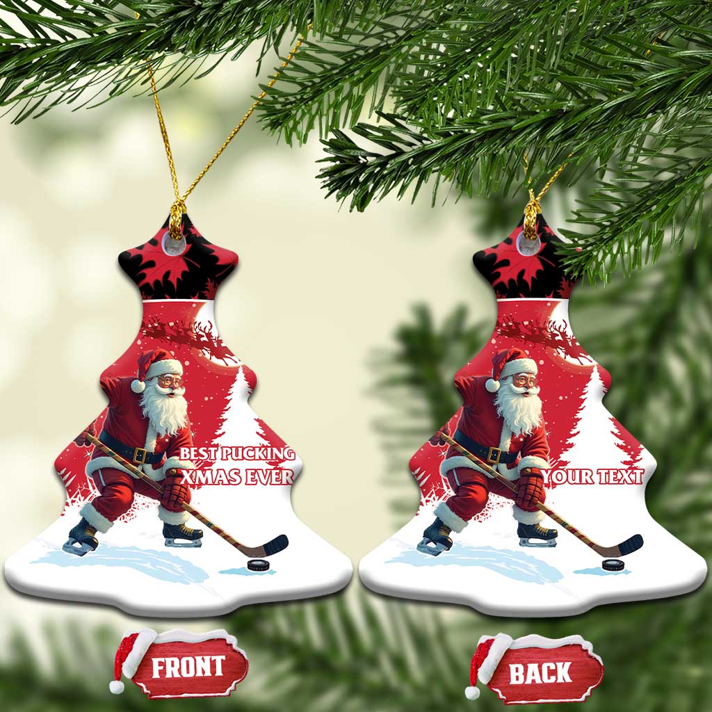 Personalized red Santa hockey ceramic ornament, Christmas tree shape with hanging gold loops