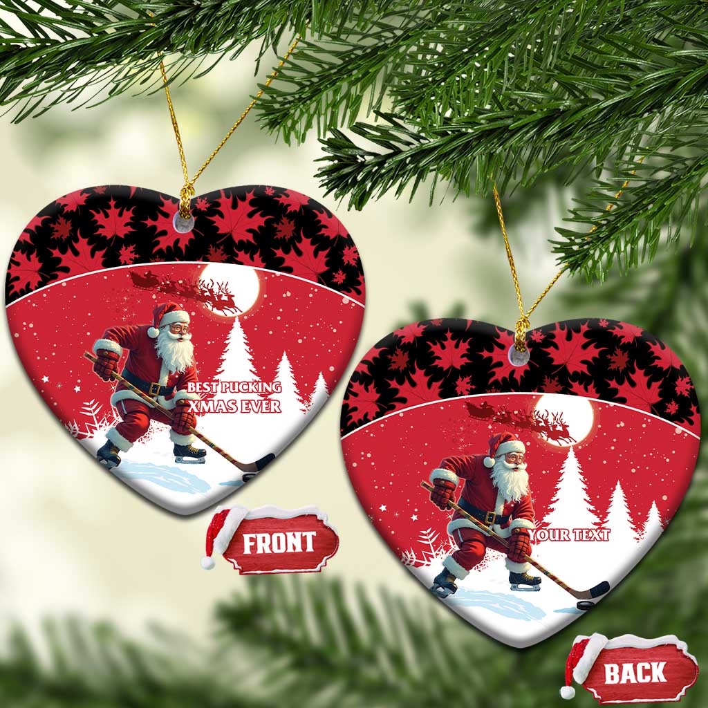 Personalized red Santa hockey ceramic ornament, heart shape with custom text area