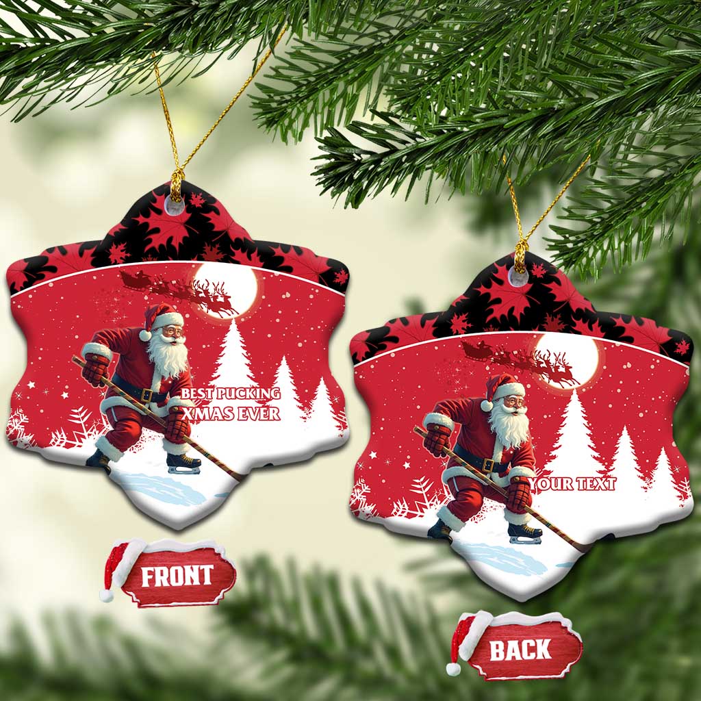 Personalized red Santa hockey ceramic ornament, star-shaped with custom text area