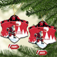 Personalized red Santa hockey ceramic ornament, star-shaped with custom text area