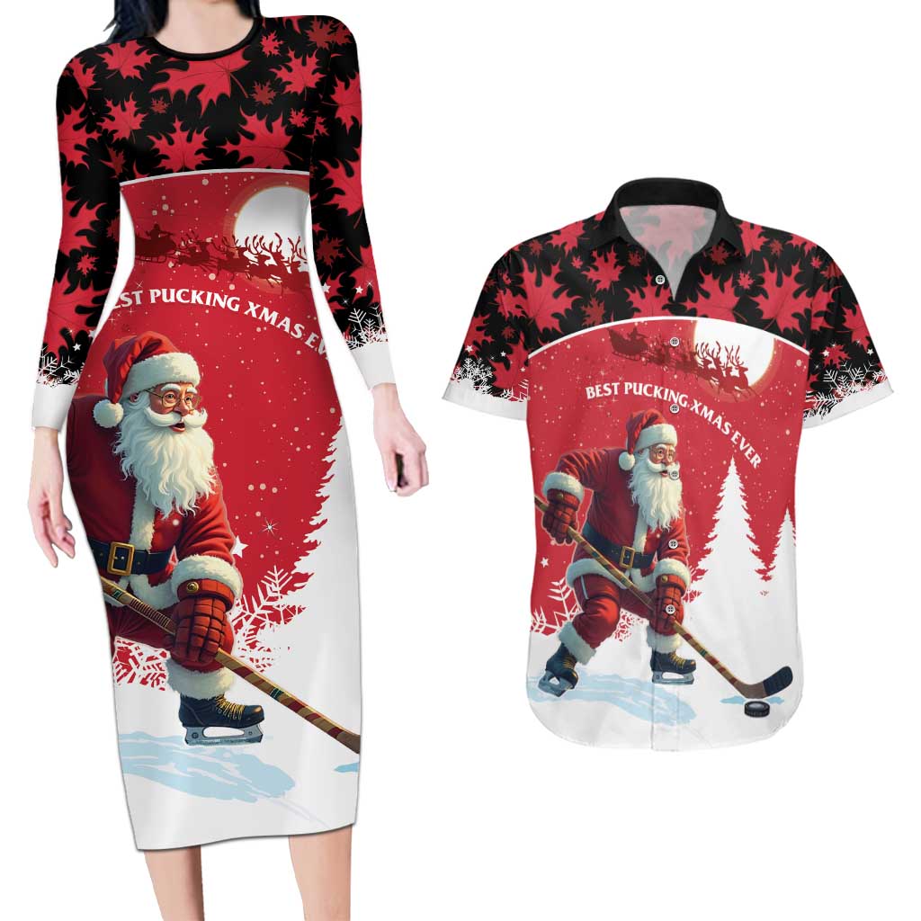 Personalized Canada Christmas Couples Matching Long Sleeve Bodycon Dress and Hawaiian Shirt Santa Claus Hockey Player - Maple Leaves Pattern - Wonder Print Shop