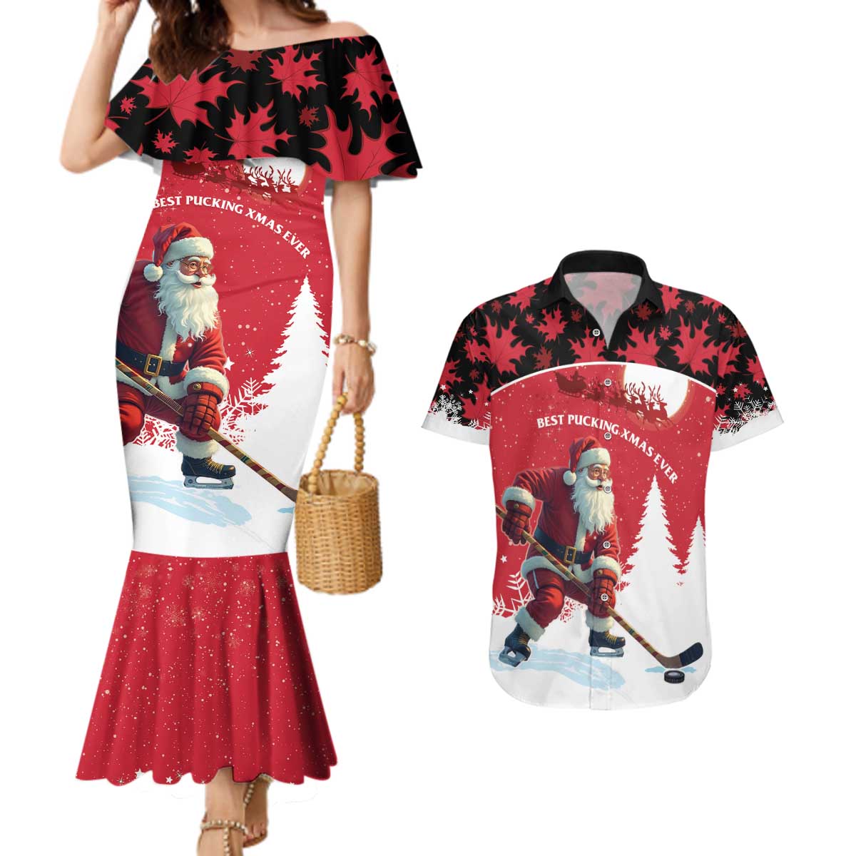 Personalized Canada Christmas Couples Matching Mermaid Dress and Hawaiian Shirt Santa Claus Hockey Player - Maple Leaves Pattern - Wonder Print Shop