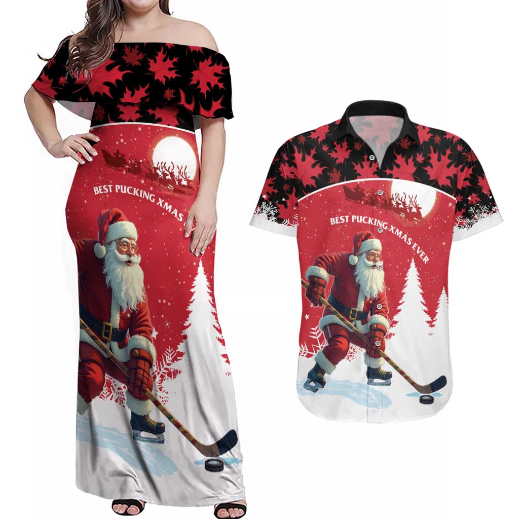 Personalized Canada Christmas Couples Matching Off Shoulder Maxi Dress and Hawaiian Shirt Santa Claus Hockey Player - Maple Leaves Pattern - Wonder Print Shop